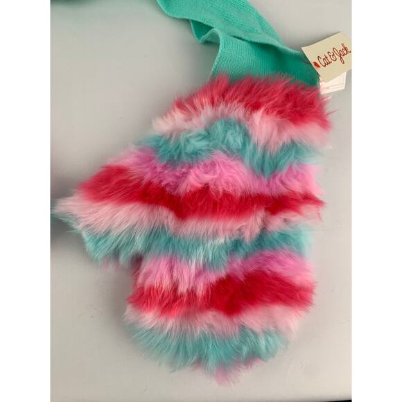 Cat & Jack Teal Knit Scarf With Faux Fur Rainbow Hand Pockets. Girls One Size - Picture 5 of 6